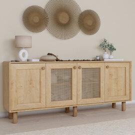 Boho Wooden Sideboard With 2 Rattan Cane Doors In Walnut