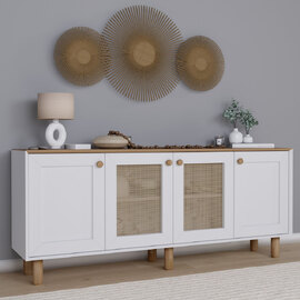 Boho Wooden Sideboard With 2 Rattan Cane Doors In White And Light Walnut