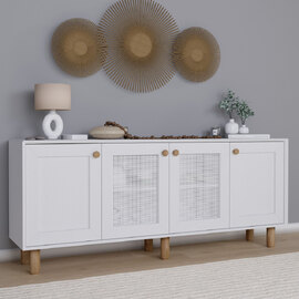 Boho Wooden Sideboard With 2 Rattan Cane Doors In White And Oak