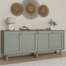 Boho Wooden Sideboard With 4 Doors In Green And Oak