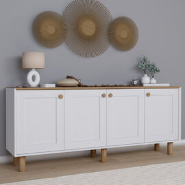 Boho Wooden Sideboard With 4 Doors In White And Light Walnut