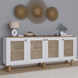 Boho Wooden Sideboard With 4 Rattan Cane Doors In White And Light Walnut