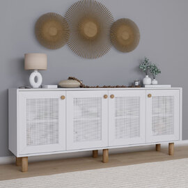 Boho Wooden Sideboard With 4 Rattan Cane Doors In White And Oak