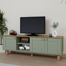 Boho Wooden TV Stand With 3 Doors In Green And Oak