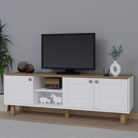 Boho Wooden TV Stand With 3 Doors In White And Garden Oak