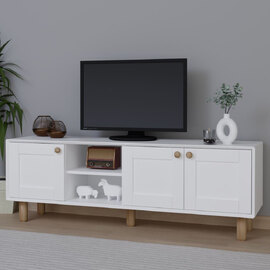 Boho Wooden TV Stand With 3 Doors In White And Oak