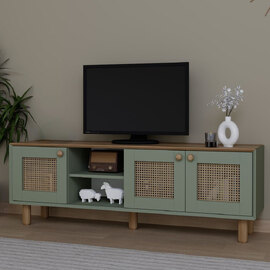 Boho Wooden TV Stand With 3 Rattan Cane Doors In Green And Oak