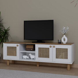 Boho Wooden TV Stand With 3 Rattan Cane Doors In White And Garden Oak