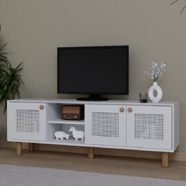 Boho Wooden TV Stand With 3 Rattan Cane Doors In White And Oak