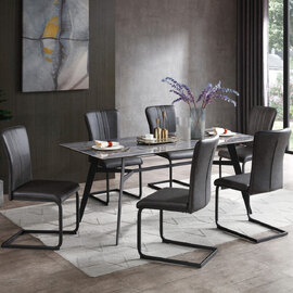 Bolivia Glass Dining Table With 6 Antique Grey Chairs In Blue Mist