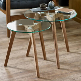 Bowler Glass Top Nest Of 2 Tables With Oak Wooden Legs