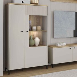 Bramley Wooden Display Cabinet with 2 Doors in Mauvella Oak and Sand