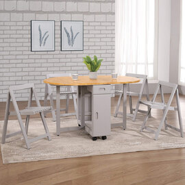 Breccia Wooden Drop Leaf Dining Table With 4 Chairs In Oak And Grey