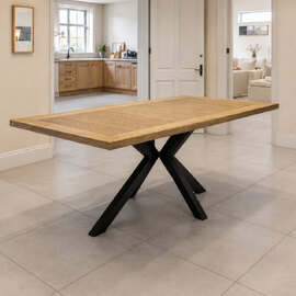 Breno Oak Veneer Dining Table with Matt Black X-Shaped Legs