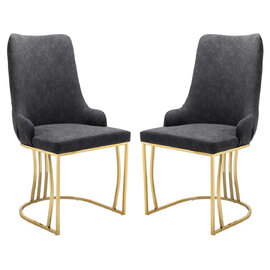 Burma Black PU Leather Dining Chairs With Gold Frame In Pair
