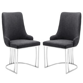 Burma Grey PU Leather Dining Chairs With Steel Frame In Pair