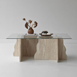 Canyon Rectangular Transparent Glass Top Coffee Table with Travertine Marble Effect Wooden Base