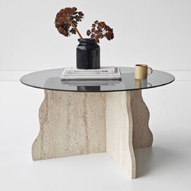 Butterfly Round Tempered Glass Top Coffee Table with Travertine Marble Effect Wooden Base