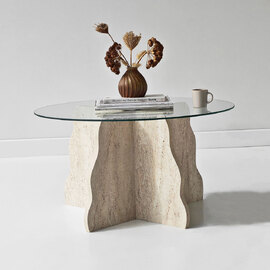 Butterfly Round Transparent Glass Top Coffee Table with Travertine Marble Effect Wooden Base