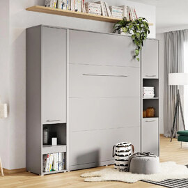Cadott Wooden Vertical Wall Double Bed In Grey And LED