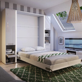 Cadott Wooden Vertical Wall Small Double Bed In White And LED