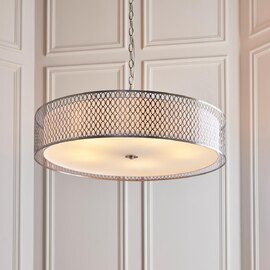 Cagney White Fabric Shade Pendant Light In Satin Nickel