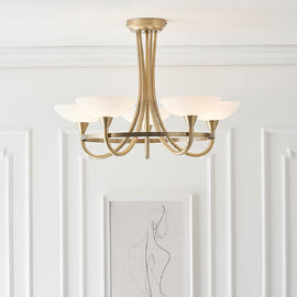 Cagney 5 Light White Glass Shade Flush Light In Antique Brass