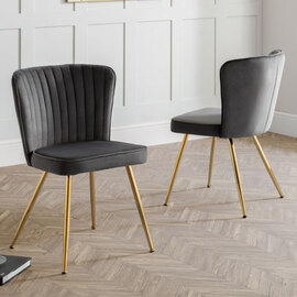 Caledon Grey Velvet Dining Chair With Gold Metal Legs In Pair