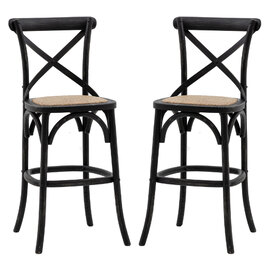 Caria Black Wooden Bar Stools With Rattan Seat In Pair