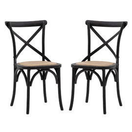 Caria Black Wooden Dining Chairs With Rattan Seat In Pair