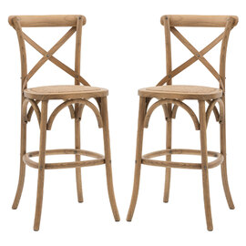 Caria Natural Wooden Bar Stools With Rattan Seat In Pair