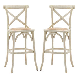 Caria White Wooden Bar Stools With Rattan Seat In Pair