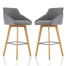 Carmen Grey Fabric High Bar Stool With Wooden Leg In A Pair