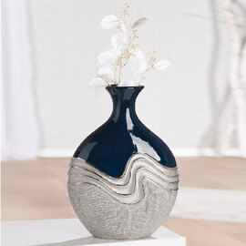 Carnation Large Decorative Bottle Ceramic Vase in Blue and Silver