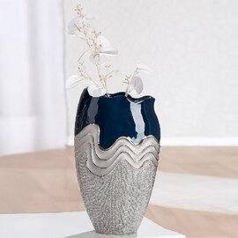 Carnation Small Decorative Ceramic Vase in Blue and Silver