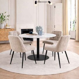 Casey White Marble Top Dining Table with Black Base and 4 Beige Bethel Chairs