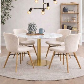 Casey White Marble Top Dining Table with Gold Base and 4 Cream Bangor Chairs