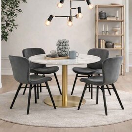 Casey White Marble Top Dining Table with Gold Base and 4 Dark Grey Bangor Chairs