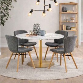 Casey White Marble Top Dining Table with Gold Base and 4 Grey Bangor Chairs