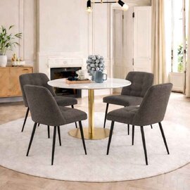 Casey White Marble Top Dining Table with Gold Base and 4 Taupe Bethel Chairs