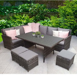 Caxias Wooden Garden Corner Dining Set With 3 Ottomans In Grey