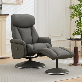 Cazira Full Leather Swivel Recliner Chair with Footstool in Cinder