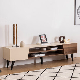 Celyan Wooden TV Stand With 2 Shelves In Walnut And Beige