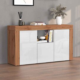 Centennial High Gloss Storage Cabinet With 3 Doors In White And Wotan Oak