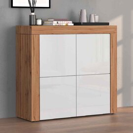 Centennial Small Wooden Storage Cabinet With Glossy White 4 Doors In Wotan Oak