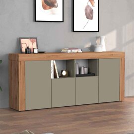 Centennial Large Wooden Storage Cabinet With 4 Doors In Taupe And Wotan Oak
