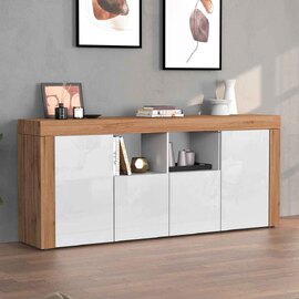 Centennial Large Wooden Storage Cabinet With Glossy White 4 Doors In Wotan Oak