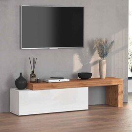 Centennial Medium High Gloss Adjustable TV Stand With 1 Flap Door In White And Wotan Oak