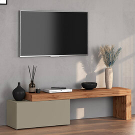 Centennial Small Wooden Adjustable TV Stand With 1 Flap Door In Taupe And Wotan Oak