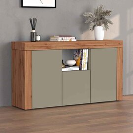 Centennial Wooden Storage Cabinet With 3 Doors In Taupe And Wotan Oak